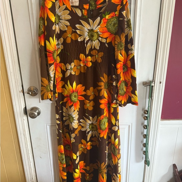 Vintage 1960/70s Floral Maxi Dress Custom Made Sz 6/7 Hippie Boho Orange Gold - Picture 1 of 7